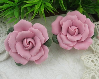 2pcs - (34mm)Big Rose Ceramic Rose Flower,Pink