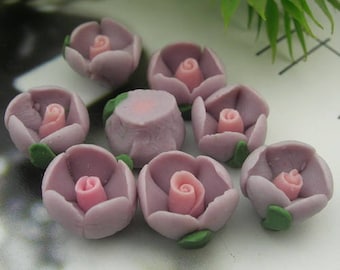 10 pcs Rose flower ceramic 11 mm, purple w/ pink centre