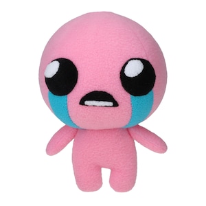 May include: A pink plush doll with a round head, small arms, and legs. The doll has large black eyes with white highlights, a small black mouth, and blue tear streaks. The doll is a character from the video game The Binding of Isaac.