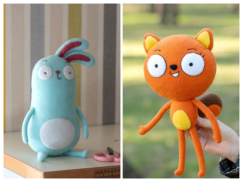 May include: Two handmade plush toys: a light blue bunny with red-lined ears and a white belly, and an orange squirrel with a yellow belly and ears. The bunny sits on a surface, while the squirrel is held up by a hand.