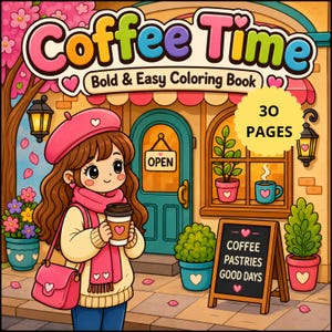 May include: A coloring book cover titled Coffee Time Bold & Easy Coloring Book with 30 pages. The illustration features a character in a pink beret and scarf holding a coffee cup, standing in front of a cafe with a sign reading Coffee Pastries Good Days.