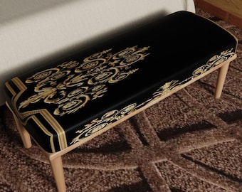 Black Gold Ottoman Bench, Luxury Upholstered Entryway Furniture Piece