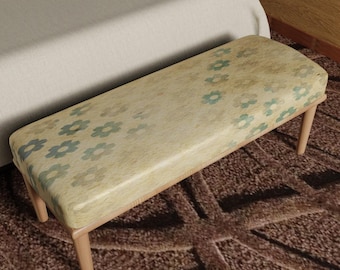 Vintage Floral Ottoman Bench, Cottagecore Upholstered Seat, Beige Green Farmhouse Decor