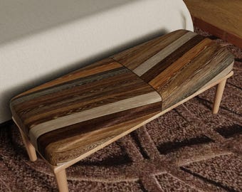Handmade Wood Texture Ottoman Bench, Rustic Farmhouse Entryway Seating