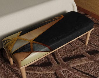 Geometric Ottoman Bench, Black Gold Abstract Fabric, Modern Entryway Seating