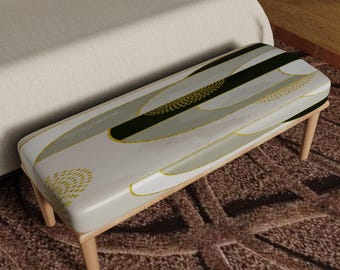 Modern Japandi Ottoman Bench, Neutral Organic Abstract Print Fabric, Solid Wood Legs