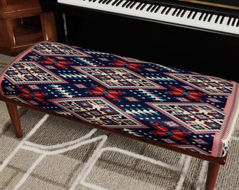 Navy Kilim Ottoman Bench, Geometric Boho Southwestern Accent Seating