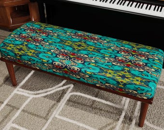 Turquoise Boho Ottoman Bench, Vibrant Ethnic Pattern, Eclectic Home Decor