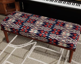 Navy Tribal Kilim Ottoman Bench, Boho Southwestern Upholstered Seating