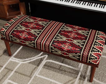 Kilim Ottoman Bench, Southwestern Ethnic Pattern, Boho Rustic Home Decor