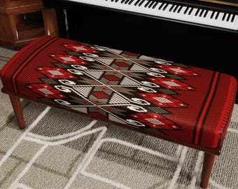Tribal Kilim Ottoman Bench, Geometric Boho Seating, Rustic Ethnic Home Decor