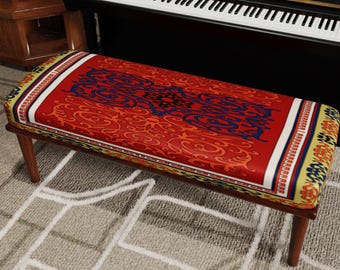 Oriental Ottoman Bench, Red Ethnic Pattern, Boho Statement Furniture, Entryway Seating