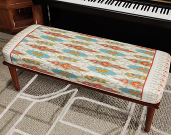 Boho Ottoman Bench, Pastel Floral Ethnic Fabric, Cottage Style Seating