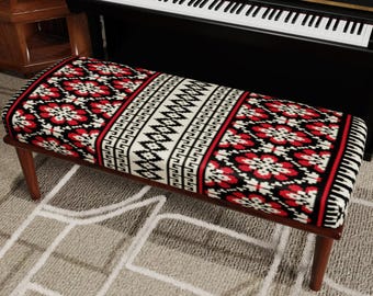 Ethnic Kilim Ottoman Bench, Boho Folk Art Accent Seat, Red Black Cream Fabric