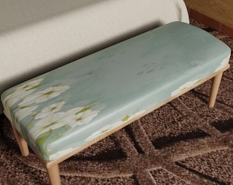Sage Green Floral Ottoman Bench, Cottagecore Upholstered Seat, Handmade Entryway Furniture