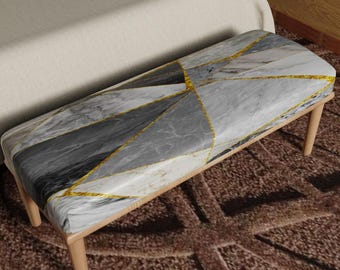 Handmade Marble Ottoman Bench, White Gray Gold Geometric Luxury Seat