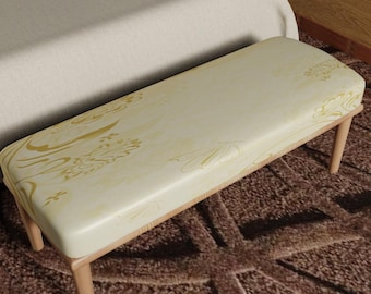 Cream Ottoman Bench, Embossed Floral Fabric, Minimalist Luxury Home Decor Seat