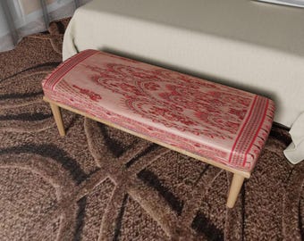Blush Pink Upholstered Ottoman Bench, Bohemian Romantic Style, Printed Fabric Furniture