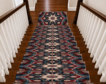 Floral Stair Treads, Boho Stair Mats, Teal Burgundy Stair Runner, Mandala Step Carpet, Non Slip Stair Rug, Decorative Stair Tread