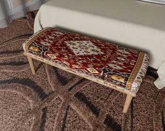 Handmade Kilim Ottoman Bench, Red Turkish Upholstered Entryway Furniture