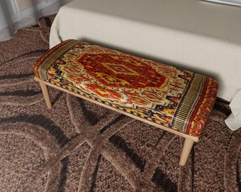Handmade Kilim Upholstered Bench, Turkish Boho Footstool, Rustic Entryway Furniture