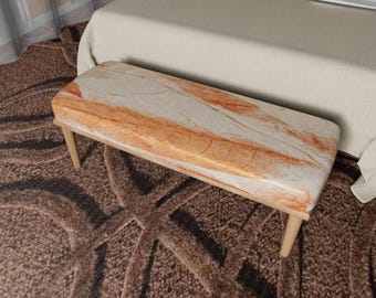 Marble Effect Ottoman Bench, Modern Upholstered Footstool, Beige Luxury Decor
