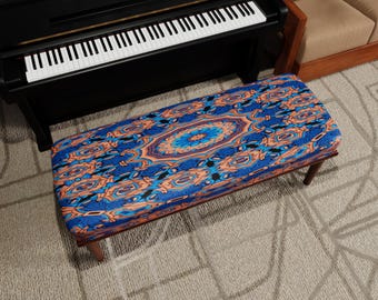 Boho Geometric Ottoman Bench, Blue Ethnic Pattern, Upholstered Accent Furniture