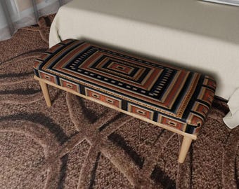 Handmade Geometric Upholstered Ottoman Bench, Ethnic Boho Style Footstool