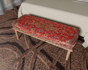 Handmade Red Kilim Upholstered Ottoman Bench, Bohemian Rustic Entryway Decor
