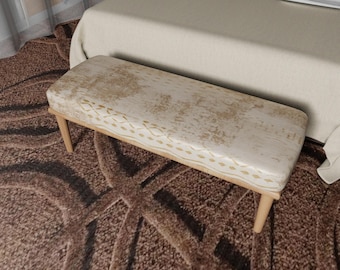 Handmade Neutral Upholstered Ottoman Bench, Beige Gold Textured Fabric, Modern Entryway Furniture