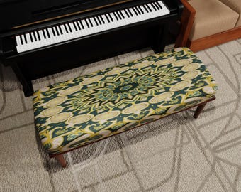 Green Gold Ottoman Bench, Ornamental Printed Fabric, Luxury Accent Furniture