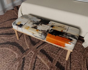 Handmade Abstract Ottoman Bench, Modern Upholstered Accent Furniture, Orange Geometric Print