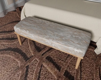 Handmade Upholstered Ottoman Bench, Minimalist Beige Abstract Fabric Furniture