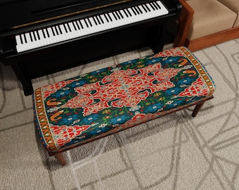 Boho Ottoman Bench, Ethnic Oriental Pattern, Colorful Accent Furniture, Bedroom Entryway Seating