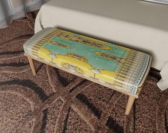 Oriental Upholstered Ottoman Bench, Pastel Gold Fabric, Elegant Entryway Furniture