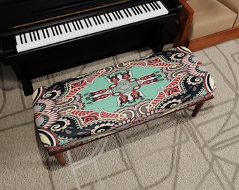 Boho Ottoman Bench, Pastel Ornamental Fabric, Vintage Eclectic Accent Furniture