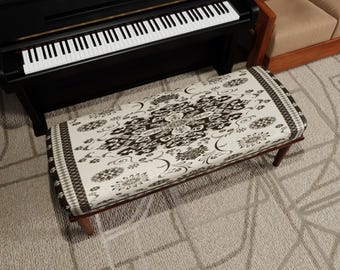 Black White Ottoman Bench, Classic Ornamental Pattern, Elegant Upholstered Seating