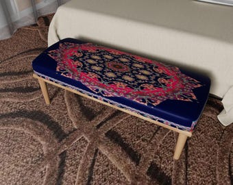 Handmade Kilim Upholstered Bench, Blue Oriental Boho Footstool