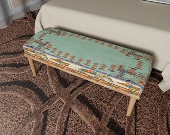 Pastel Ethnic Upholstered Ottoman Bench, Boho Style Home Decor