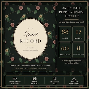 May include: A digital perimenopause tracker titled The Quiet Record with a dark green background featuring a floral pattern. It includes 88 pages, 12 months, 60 weekly pages, and 8 appointment pages. Features include hyperlinked PDF, print at home, US letter and A4 size options, and instant download capability.