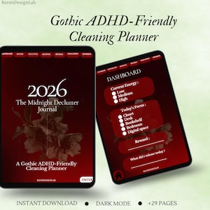 Puede incluir: Un planificador digital mostrado en dos pantallas con un esquema de color rojo oscuro y negro. El texto dice 2026 The Midnight Declutter Journal, A Gothic ADHD-Friendly Cleaning Planner, Dashboard, Current Energy, Today's Focus y Reward.