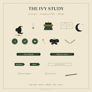Peut inclure: Un ensemble d'autocollants numériques intitulé THE IVY STUDY comprenant 40 éléments PNG transparents. Les icônes incluent un corbeau noir, une bougie, des livres empilés, un livre ouvert, un croissant de lune, des sceaux, une clé et du texte.
