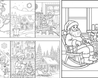 May include: Black and white line art illustrations of festive Christmas scenes. Includes a reindeer, gingerbread house, an elf decorating a tree, snowmen, an elf reading, a cabin, and Santa Claus by a fireplace.