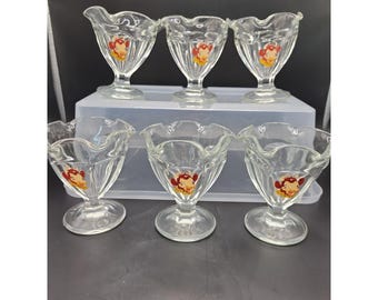 Vintage Bordens Elsie the Cow ijscoupe schaaltjes set van 6 gegolfde, transparante schaaltjes...