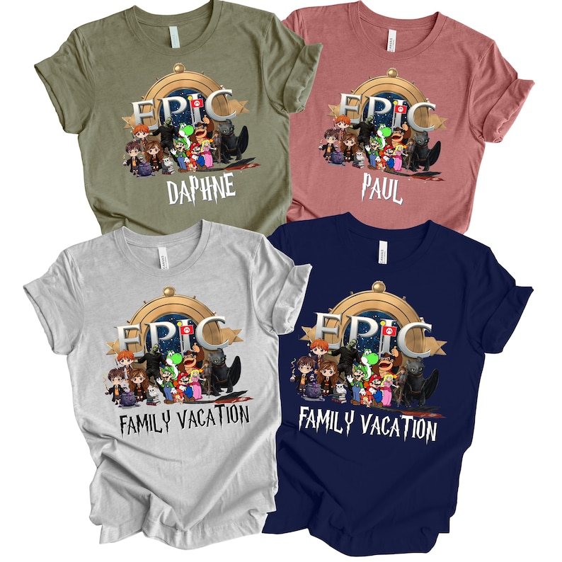 May include: Four short-sleeved t-shirts in olive green, dusty rose, light gray, and navy blue. Each shirt features a colorful graphic with the word "EPIC" and a group of cartoon characters. Two shirts have names, and two say "FAMILY VACATION".