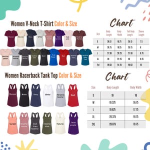 May include: A product image showcasing a variety of women's V-neck t-shirts and racerback tank tops in various colors. The image includes a color and size chart with measurements in inches for body length and width, and sleeve length.