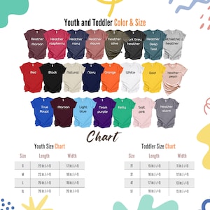 May include: A chart displaying a variety of youth and toddler t-shirt colors, including red, black, and navy. The chart also shows size information for both youth and toddler sizes, with measurements in inches.