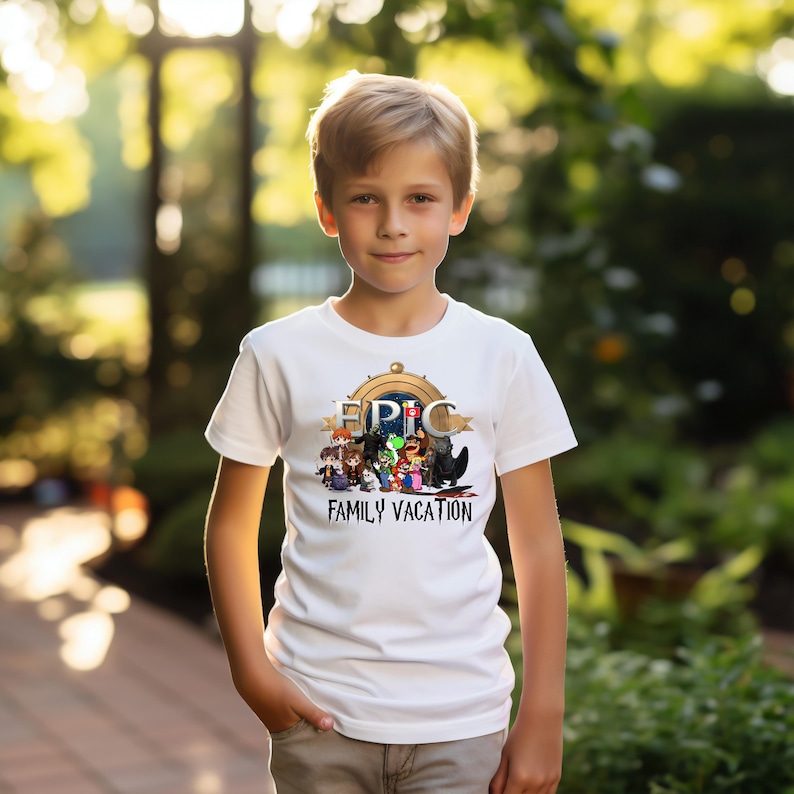 May include: A white t-shirt featuring a colorful graphic with the text "EPIC FAMILY VACATION." The graphic includes various cartoon characters. The t-shirt is being worn by a young person.