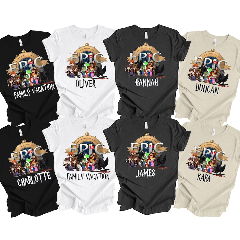 May include: A collection of black, white, and tan t-shirts. Each shirt features a colorful graphic with the word "EPIC" and a cartoon illustration. Some shirts have names like "Oliver" and "Hannah", while others say "Family Vacation".