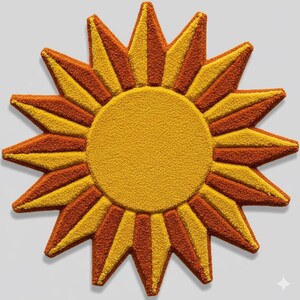 以下が含まれることがあります： テクスチャ加工された表面を持つ、太陽の形をした装飾用ラグ。ラグは、中央の黄色の円と、交互に配置されたオレンジと黄色の光線が特徴です。デザインは対称的で、レトロな美学を持っています。